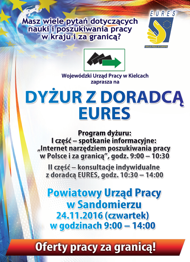 Informacja dla osób zainteresowanych pracą za granicą - Dyżur Doradcy Eures w Powiatowym Urzędzie Sandomierzu